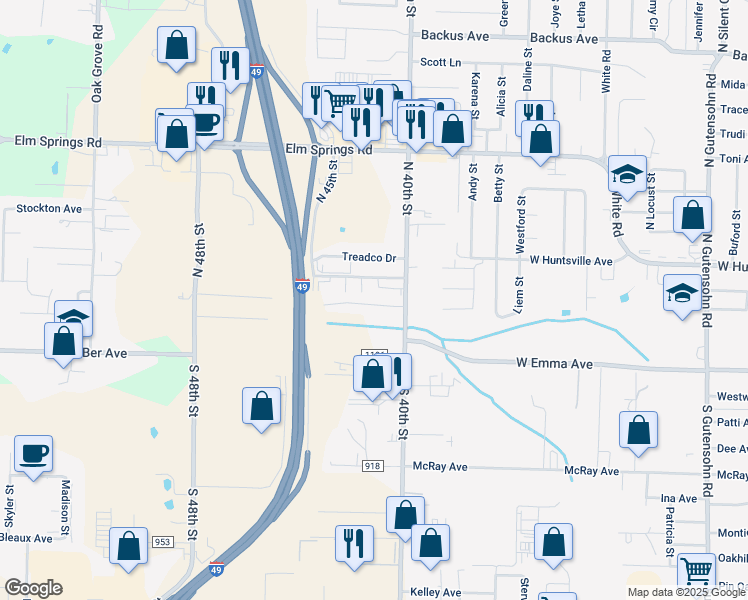 map of restaurants, bars, coffee shops, grocery stores, and more near 4151 Delmon Lane in Springdale