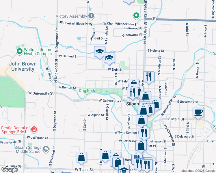 map of restaurants, bars, coffee shops, grocery stores, and more near 604 West Benton Street in Siloam Springs