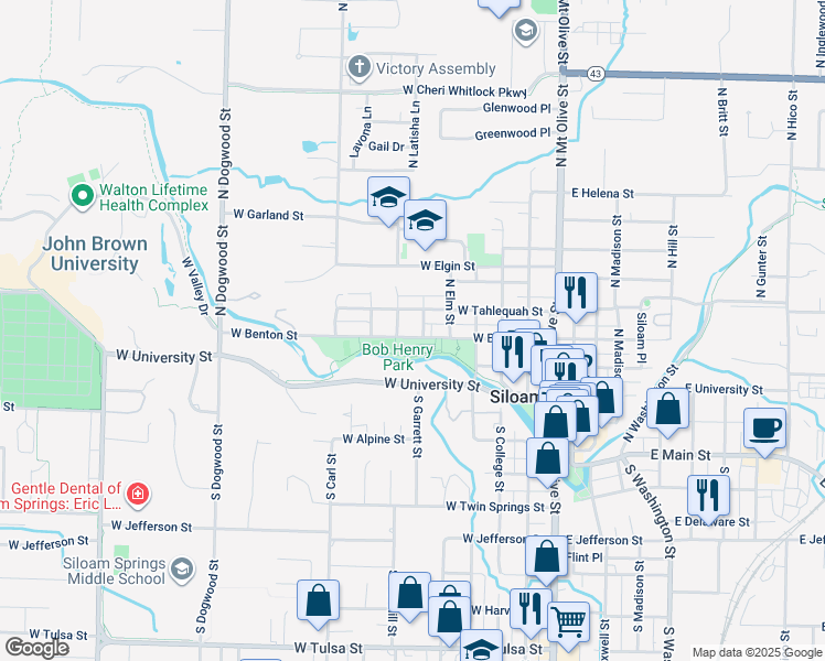 map of restaurants, bars, coffee shops, grocery stores, and more near 604 West Benton Street in Siloam Springs