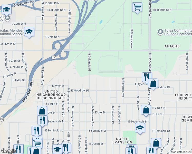 map of restaurants, bars, coffee shops, grocery stores, and more near 2239 North Delaware Avenue in Tulsa
