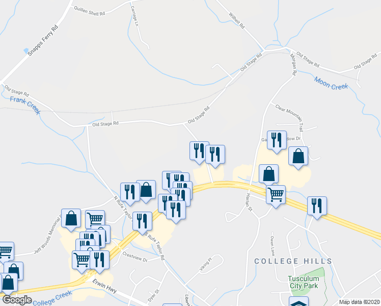 map of restaurants, bars, coffee shops, grocery stores, and more near 155 Serral Drive in Greeneville