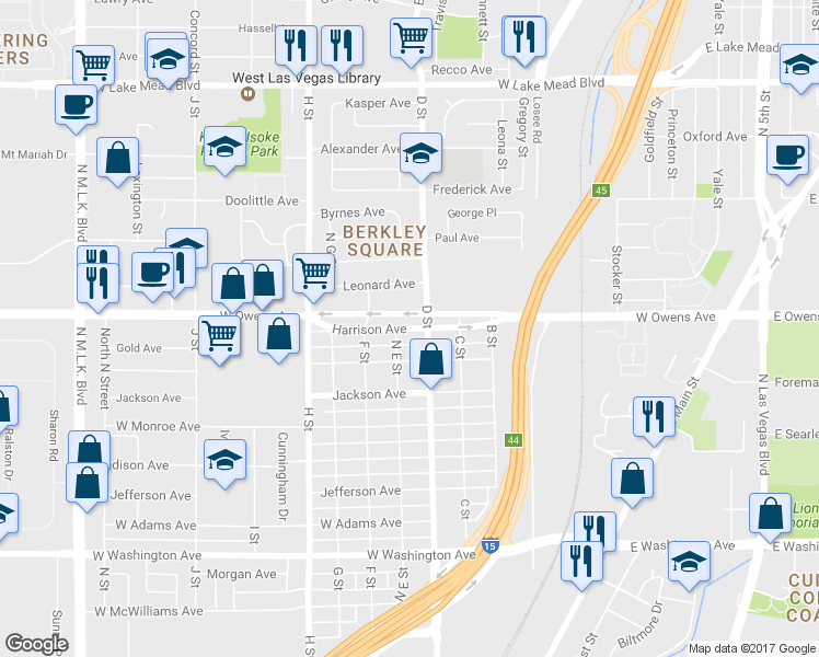 map of restaurants, bars, coffee shops, grocery stores, and more near Harrison Avenue in Las Vegas