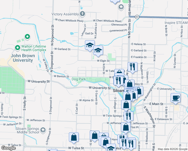 map of restaurants, bars, coffee shops, grocery stores, and more near 604 West Benton Street in Siloam Springs