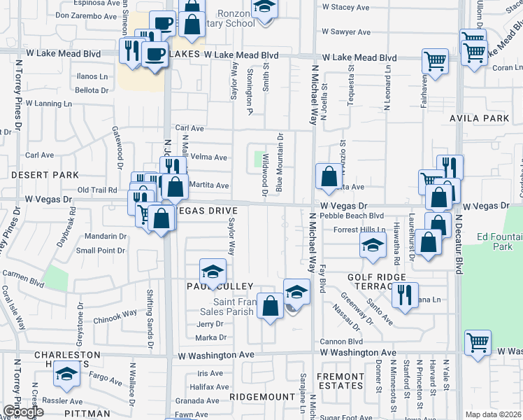 map of restaurants, bars, coffee shops, grocery stores, and more near 1555 Smith Street in Las Vegas