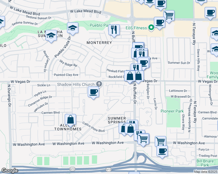 map of restaurants, bars, coffee shops, grocery stores, and more near 1512 Blackcombe Street in Las Vegas