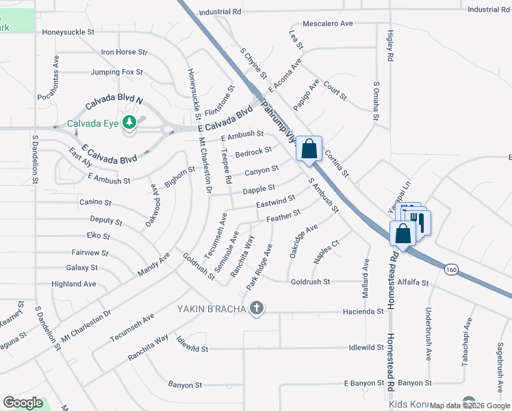map of restaurants, bars, coffee shops, grocery stores, and more near South Ranchita Way in Pahrump