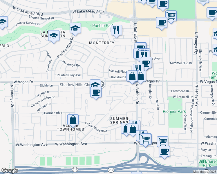 map of restaurants, bars, coffee shops, grocery stores, and more near 7721 Constanso Avenue in Las Vegas