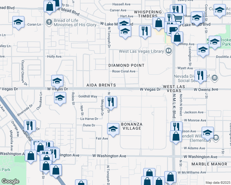 map of restaurants, bars, coffee shops, grocery stores, and more near 2010 Goldhill Avenue in Las Vegas