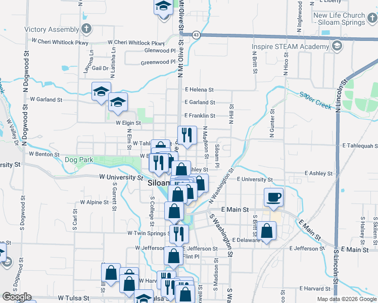 map of restaurants, bars, coffee shops, grocery stores, and more near 407 North Broadway Street in Siloam Springs