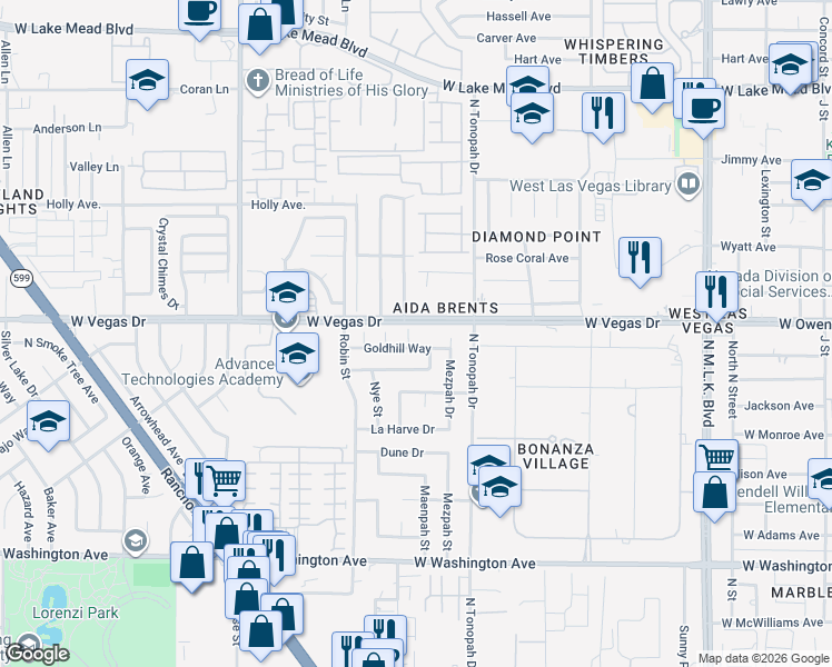map of restaurants, bars, coffee shops, grocery stores, and more near 1424 Maenpah Way in Las Vegas