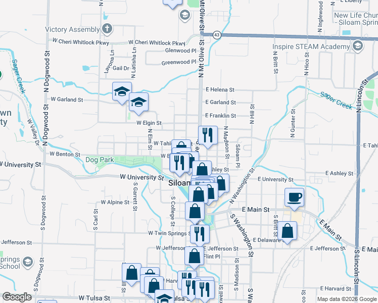 map of restaurants, bars, coffee shops, grocery stores, and more near 319 North Wright Street in Siloam Springs