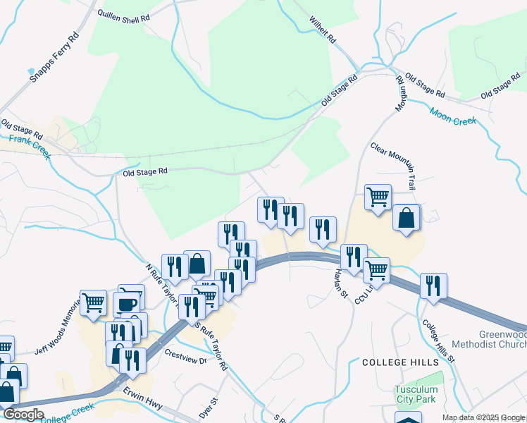 map of restaurants, bars, coffee shops, grocery stores, and more near 155 Serral Drive in Greeneville