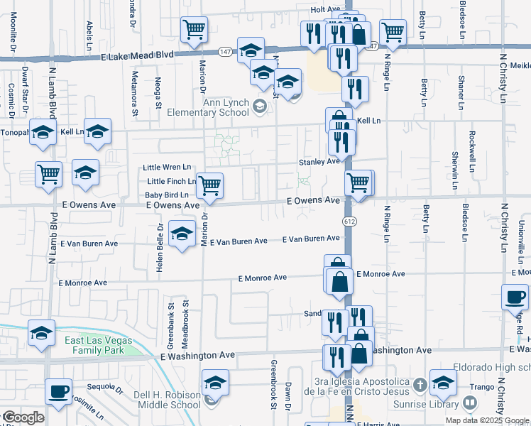 map of restaurants, bars, coffee shops, grocery stores, and more near 4918 East Van Buren Avenue in Las Vegas