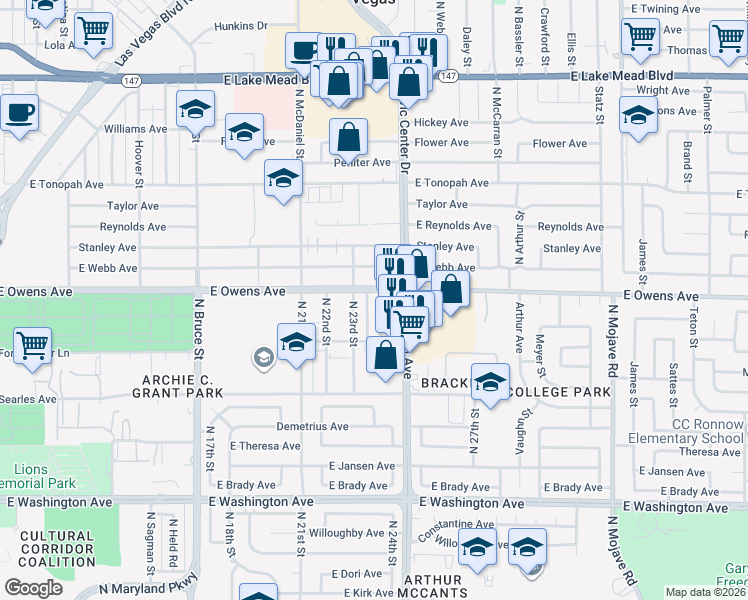 map of restaurants, bars, coffee shops, grocery stores, and more near 1516 Cobb Lane in Las Vegas