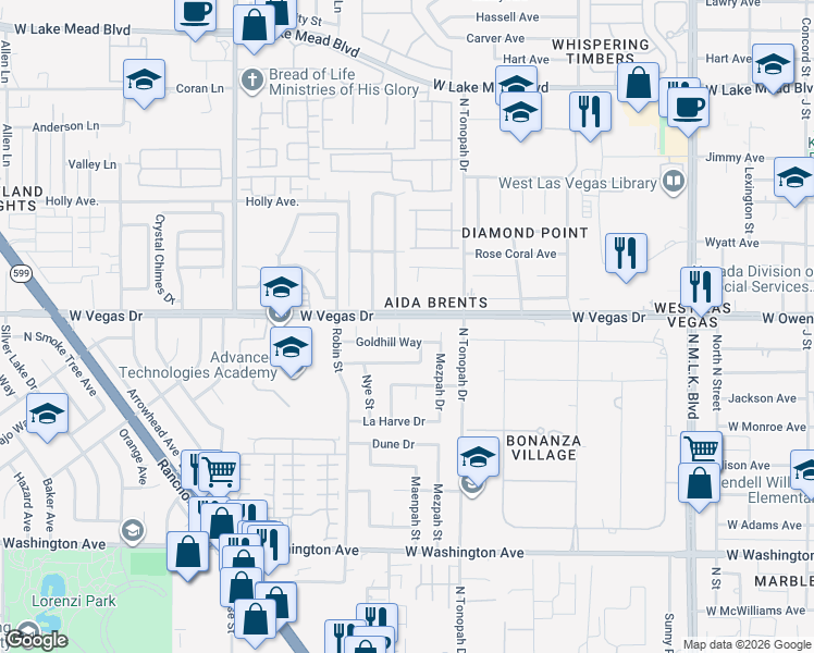 map of restaurants, bars, coffee shops, grocery stores, and more near 1424 Maenpah Way in Las Vegas