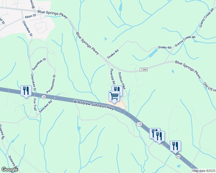 map of restaurants, bars, coffee shops, grocery stores, and more near 205 Emerald Road in Mosheim