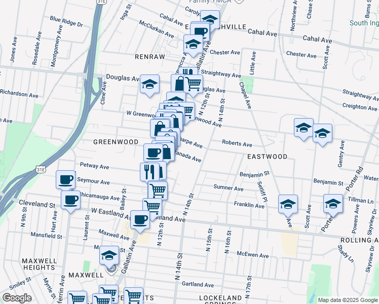 map of restaurants, bars, coffee shops, grocery stores, and more near 1118 Granada Avenue in Nashville