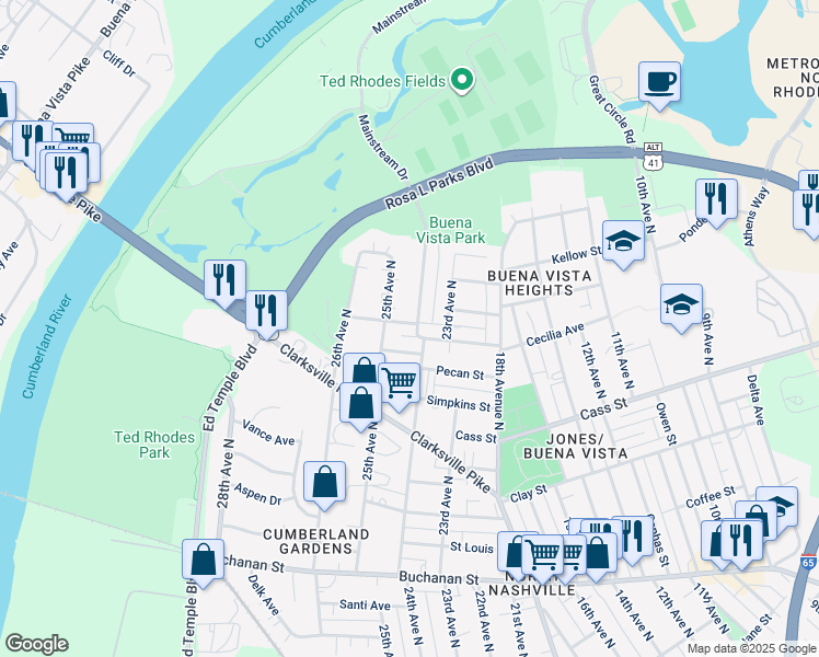 map of restaurants, bars, coffee shops, grocery stores, and more near 2402B Hyde Street in Nashville