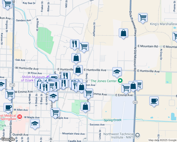 map of restaurants, bars, coffee shops, grocery stores, and more near 318 Berry Street in Springdale