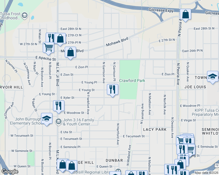 map of restaurants, bars, coffee shops, grocery stores, and more near 602 East Young Street in Tulsa