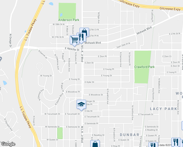map of restaurants, bars, coffee shops, grocery stores, and more near 239 East Young Street in Tulsa