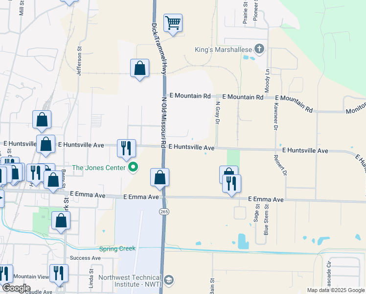 map of restaurants, bars, coffee shops, grocery stores, and more near East Huntsville Avenue in Springdale