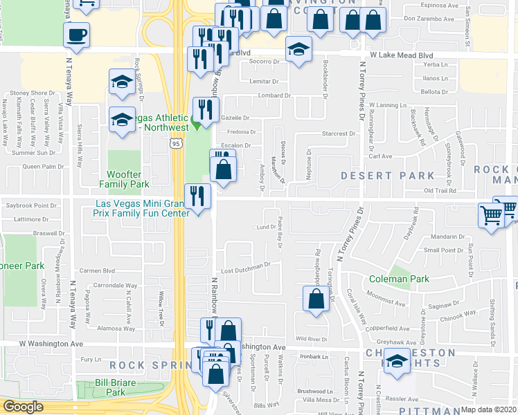 map of restaurants, bars, coffee shops, grocery stores, and more near 1533 Bonnie Castle Way in Las Vegas