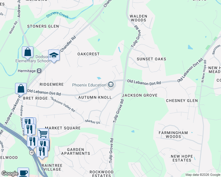 map of restaurants, bars, coffee shops, grocery stores, and more near 1620 Rachels Retreat Circle in Nashville