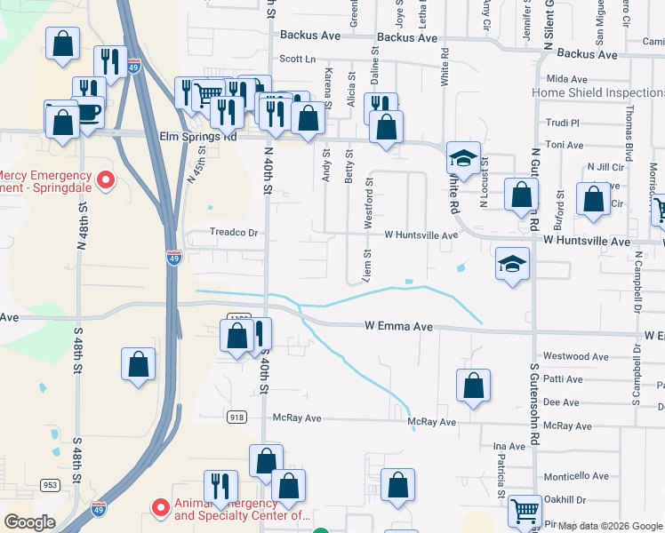 map of restaurants, bars, coffee shops, grocery stores, and more near 3721 Kenny Lane in Springdale