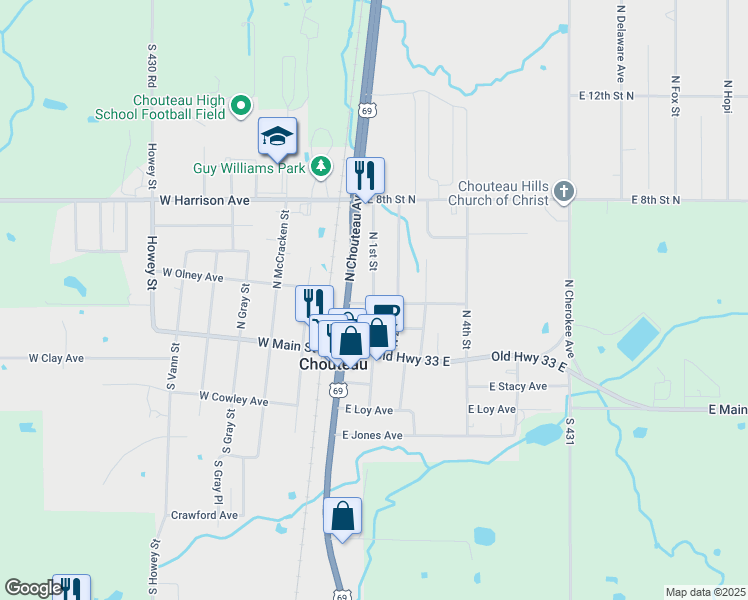 map of restaurants, bars, coffee shops, grocery stores, and more near 218 North 1st Street in Chouteau