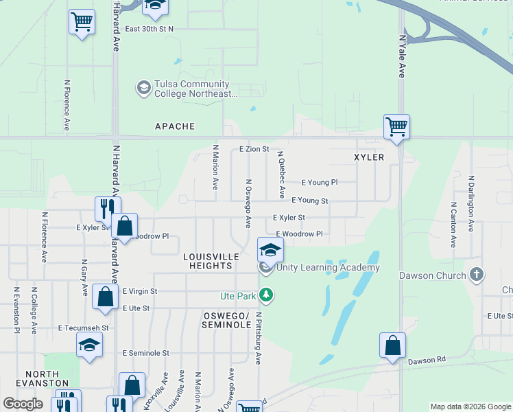 map of restaurants, bars, coffee shops, grocery stores, and more near 4018 East Xyler Street in Tulsa