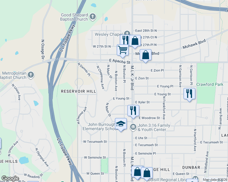 map of restaurants, bars, coffee shops, grocery stores, and more near 103 East Young Street in Tulsa