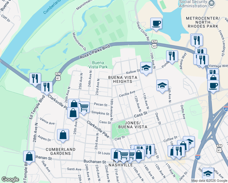 map of restaurants, bars, coffee shops, grocery stores, and more near 1701 McKinney Avenue in Nashville