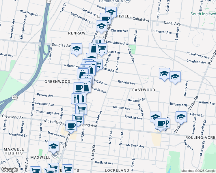 map of restaurants, bars, coffee shops, grocery stores, and more near 925 North 14th Street in Nashville