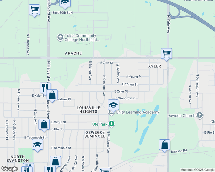 map of restaurants, bars, coffee shops, grocery stores, and more near 4018 East Xyler Street in Tulsa