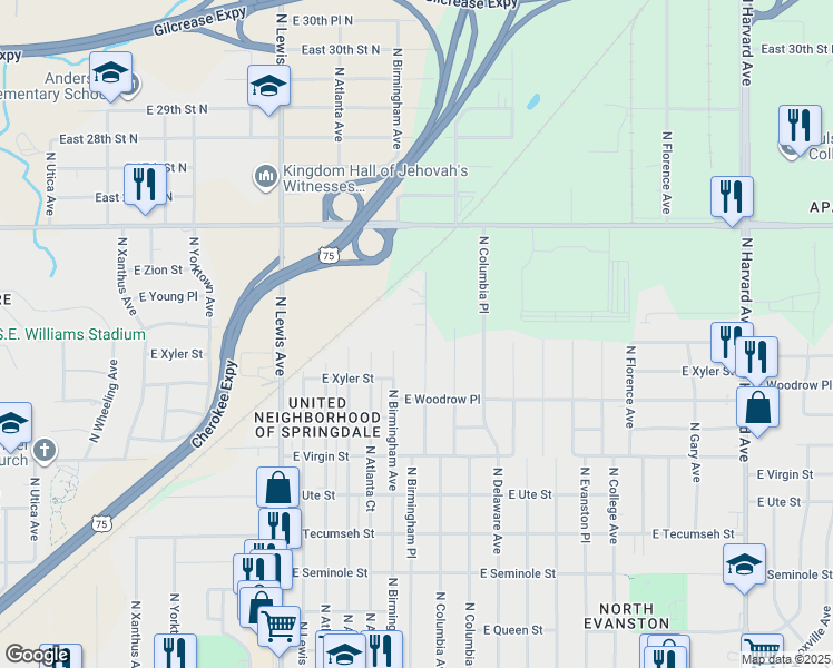 map of restaurants, bars, coffee shops, grocery stores, and more near 2246 North Birmingham Place in Tulsa