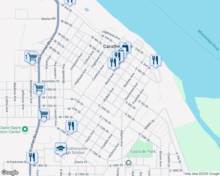 map of restaurants, bars, coffee shops, grocery stores, and more near 200 East 8th Street in Caruthersville