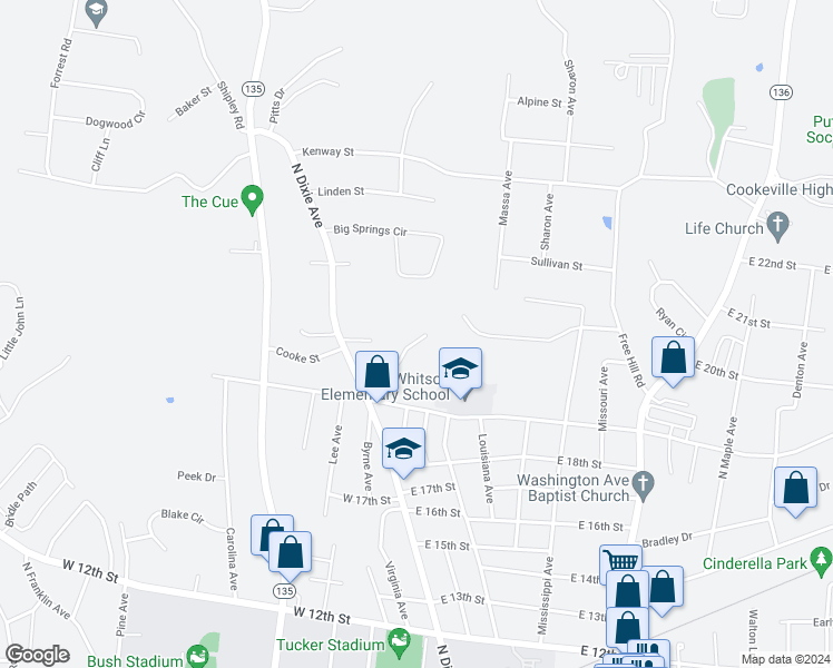map of restaurants, bars, coffee shops, grocery stores, and more near 1966 Bouton Bend in Cookeville
