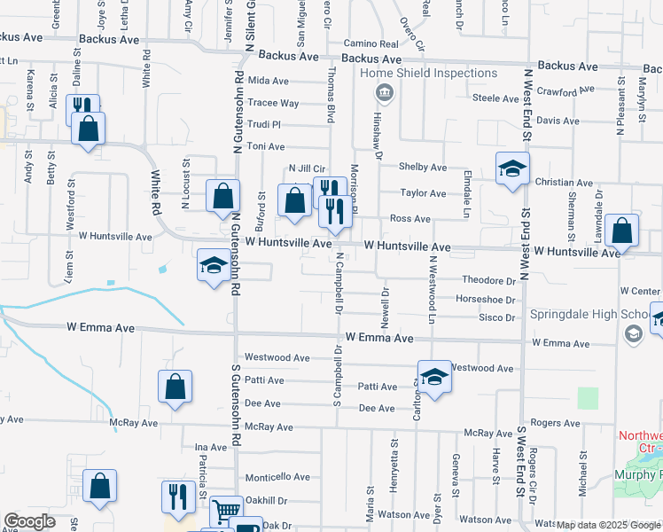 map of restaurants, bars, coffee shops, grocery stores, and more near 2002 Theodore Drive in Springdale