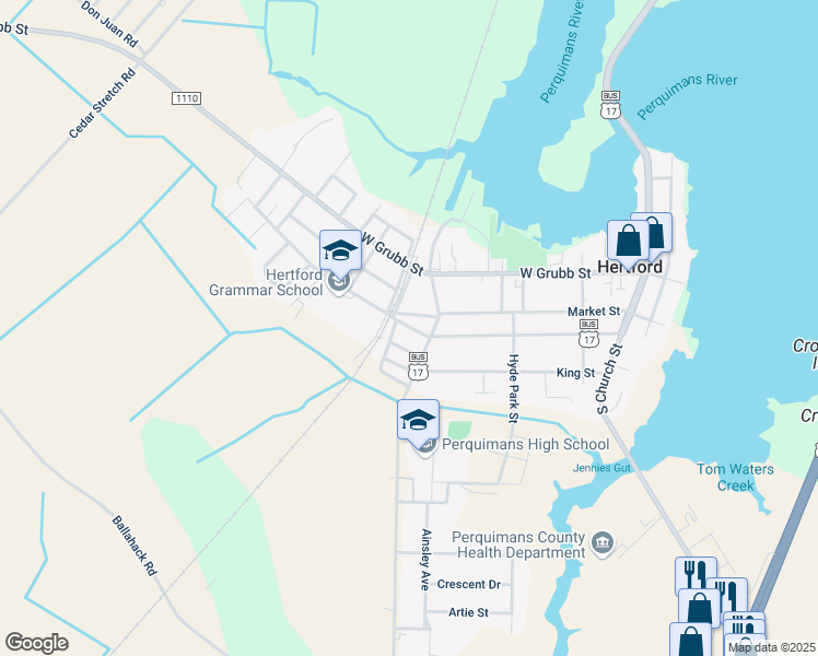 map of restaurants, bars, coffee shops, grocery stores, and more near Dobbs Street in Hertford