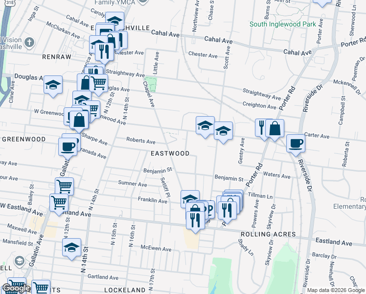 map of restaurants, bars, coffee shops, grocery stores, and more near 1112 Matthews Place in Nashville