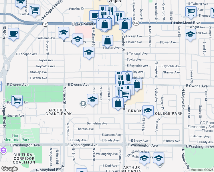 map of restaurants, bars, coffee shops, grocery stores, and more near 1541 North 23rd Street in Las Vegas