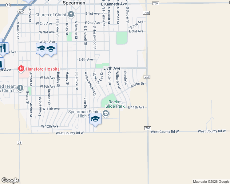 map of restaurants, bars, coffee shops, grocery stores, and more near 721 Cotter Drive in Spearman