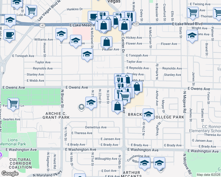 map of restaurants, bars, coffee shops, grocery stores, and more near 2213 East Webb Avenue in North Las Vegas
