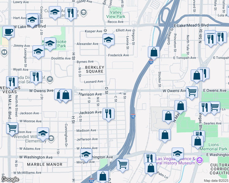 map of restaurants, bars, coffee shops, grocery stores, and more near 300 West Owens Avenue in Las Vegas
