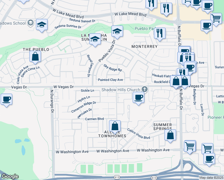 map of restaurants, bars, coffee shops, grocery stores, and more near 1600 Tranquil Meadows Lane in Las Vegas
