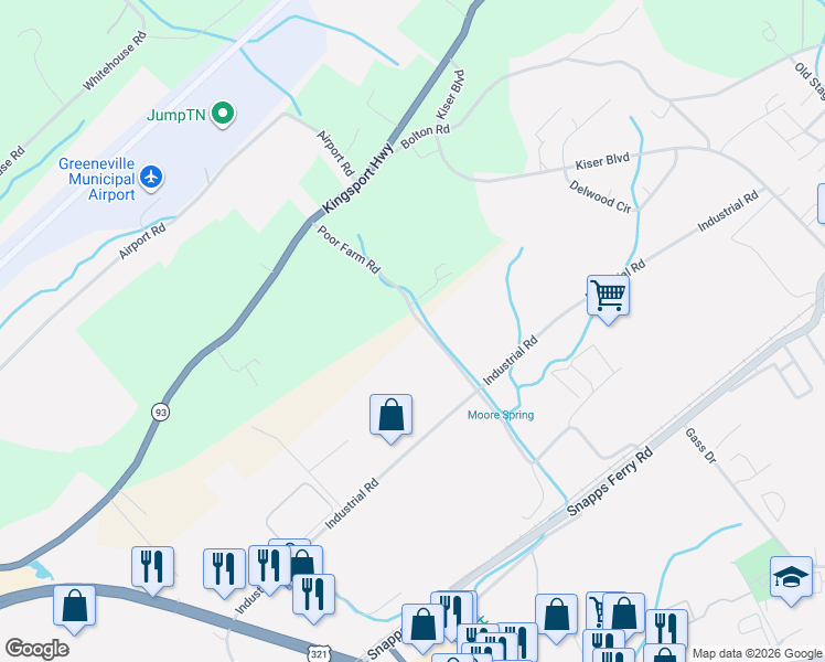 map of restaurants, bars, coffee shops, grocery stores, and more near 132-162 Poor Farm Road in Greeneville