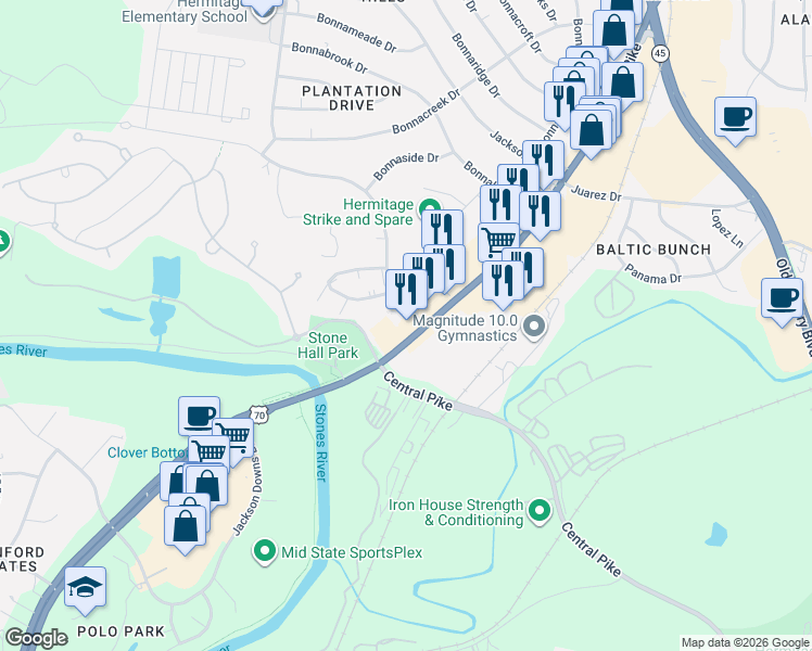 map of restaurants, bars, coffee shops, grocery stores, and more near 1004 Hickory Hill Lane in Nashville