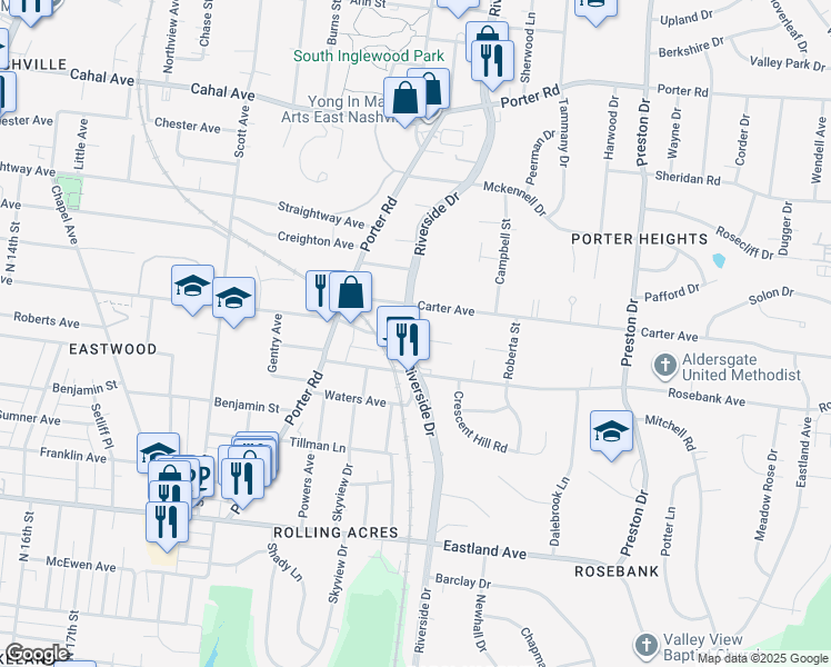 map of restaurants, bars, coffee shops, grocery stores, and more near 2200 Carter Avenue in Nashville