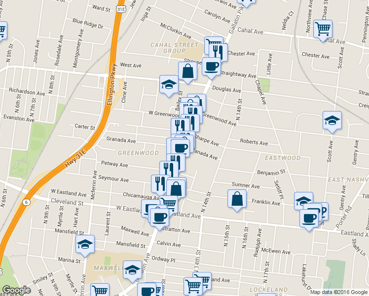 map of restaurants, bars, coffee shops, grocery stores, and more near 1008 Gallatin Avenue in Nashville
